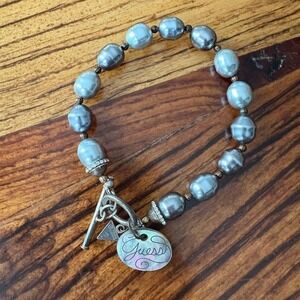 Y2K Guess Silver Tone Faux Pearl Beaded Charm Bracelet Jewelry Gift